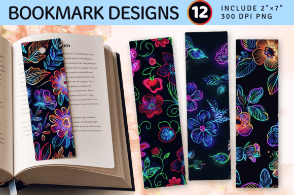 Neon Embroidery Flowers PNG Bookmark Design